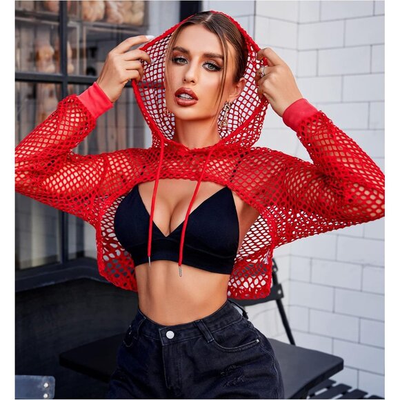 🆕Women’s Red Polyester Mesh Hoodie Crop Top Long Sleeve Fishnet Shirt - Picture 4 of 6